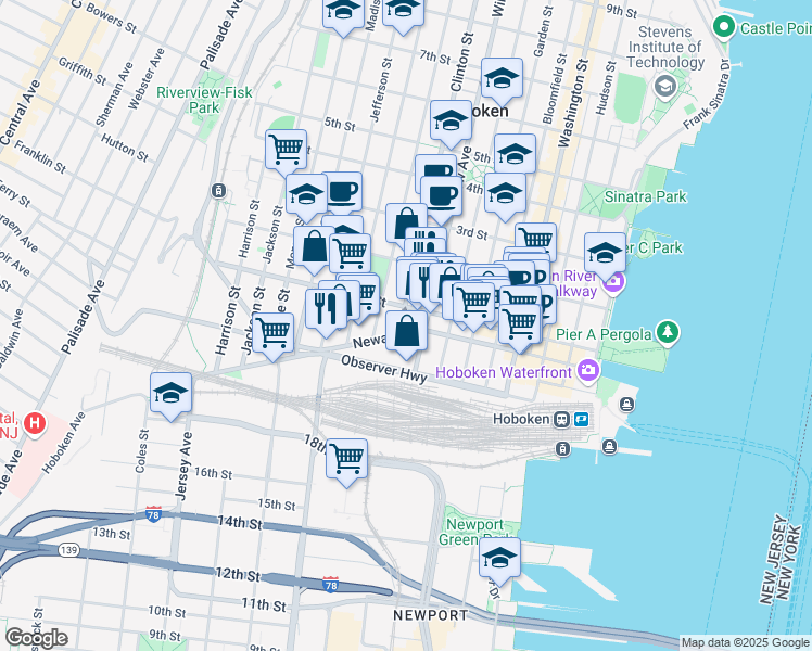 map of restaurants, bars, coffee shops, grocery stores, and more near in Hoboken