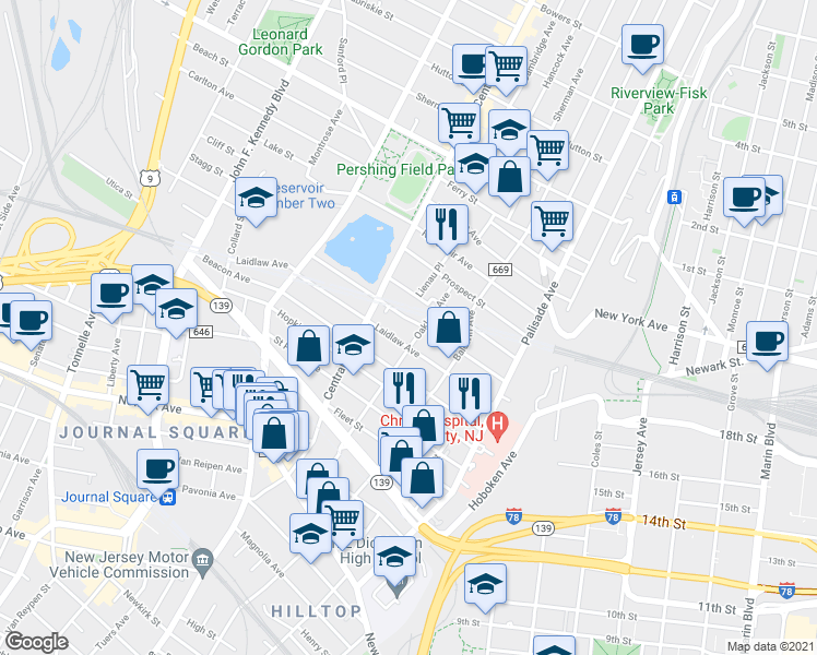 map of restaurants, bars, coffee shops, grocery stores, and more near 79 Laidlaw Avenue in Jersey City