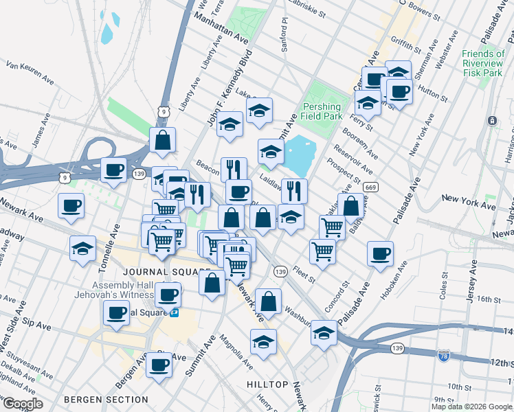 map of restaurants, bars, coffee shops, grocery stores, and more near 157 Saint Pauls Avenue in Jersey City