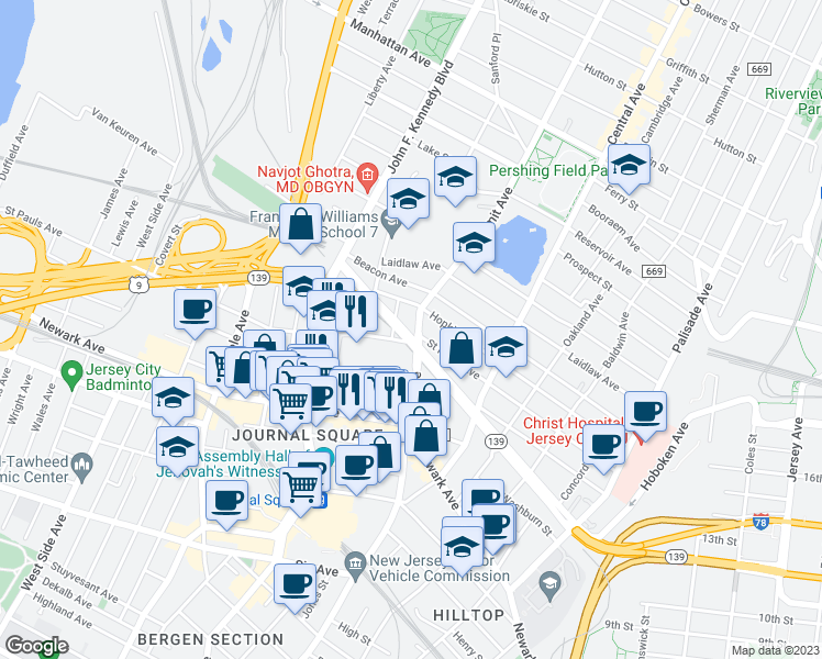 map of restaurants, bars, coffee shops, grocery stores, and more near 639 Summit Avenue in Jersey City