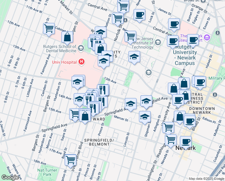 map of restaurants, bars, coffee shops, grocery stores, and more near 91-97 South Orange Avenue in Newark