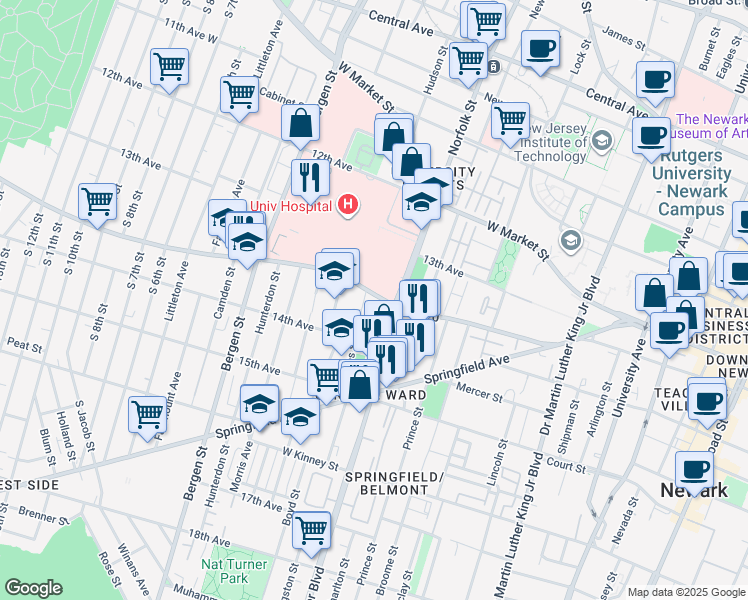 map of restaurants, bars, coffee shops, grocery stores, and more near 132-148 South Orange Avenue in Newark