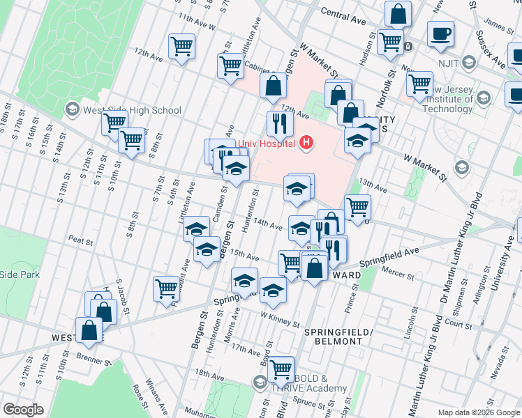 map of restaurants, bars, coffee shops, grocery stores, and more near 55 14th Avenue in Newark