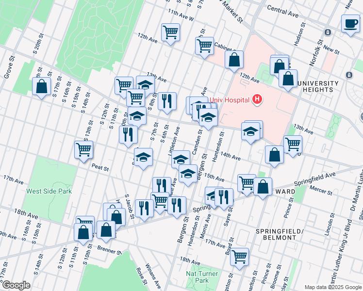 map of restaurants, bars, coffee shops, grocery stores, and more near 296 Fairmount Avenue in Newark