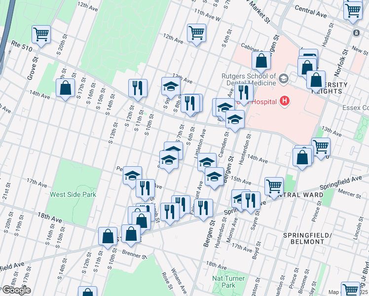 map of restaurants, bars, coffee shops, grocery stores, and more near in Newark