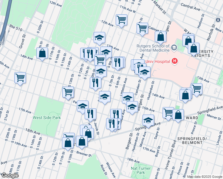 map of restaurants, bars, coffee shops, grocery stores, and more near 442 15th Avenue in Newark