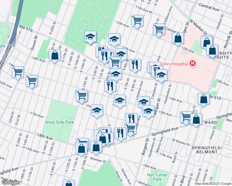 map of restaurants, bars, coffee shops, grocery stores, and more near 467 15th Avenue in Newark