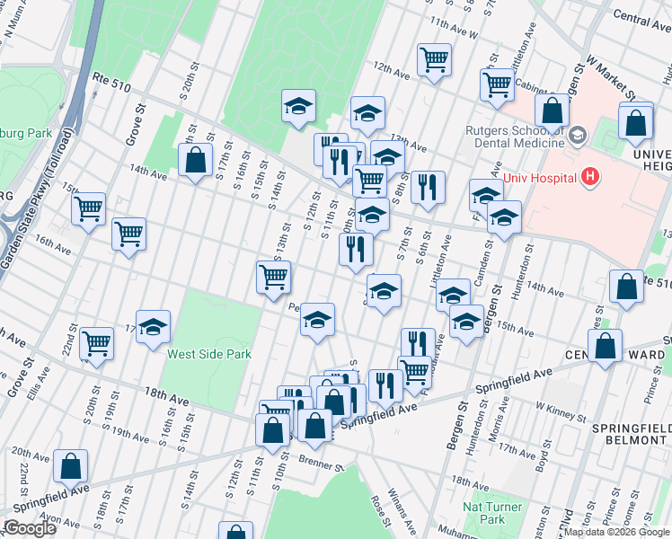 map of restaurants, bars, coffee shops, grocery stores, and more near 449 South 10th Street in Newark