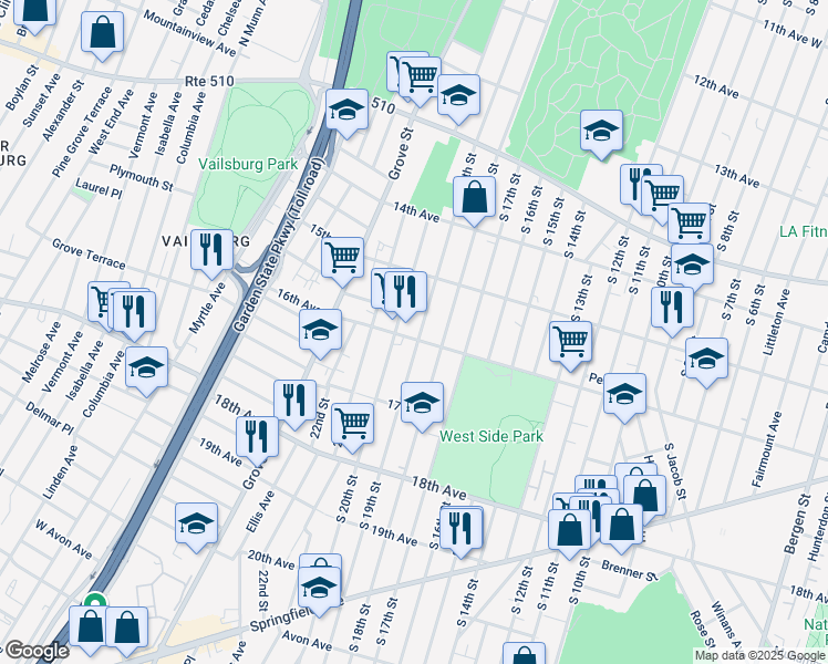map of restaurants, bars, coffee shops, grocery stores, and more near 571 South 19th Street in Newark