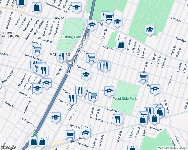 map of restaurants, bars, coffee shops, grocery stores, and more near 194 21st Street in Irvington