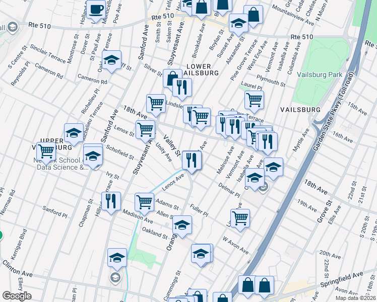map of restaurants, bars, coffee shops, grocery stores, and more near 16 Valley Street in Newark
