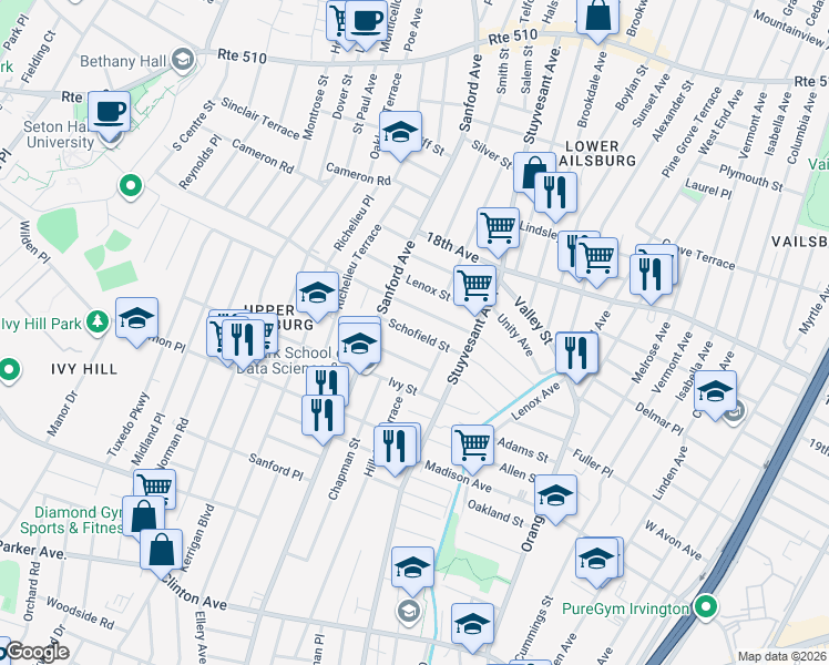 map of restaurants, bars, coffee shops, grocery stores, and more near 28 Cleveland Avenue in Newark