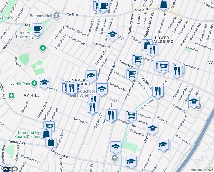 map of restaurants, bars, coffee shops, grocery stores, and more near 28 Cleveland Avenue in Newark
