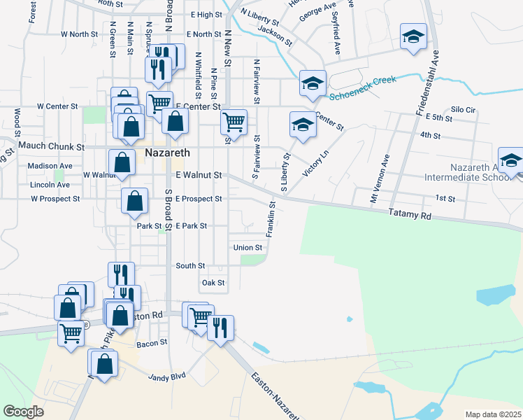 map of restaurants, bars, coffee shops, grocery stores, and more near 348 East Prospect Street in Nazareth