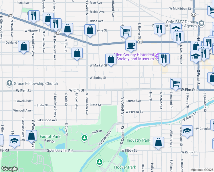 map of restaurants, bars, coffee shops, grocery stores, and more near 861 West Elm Street in Lima