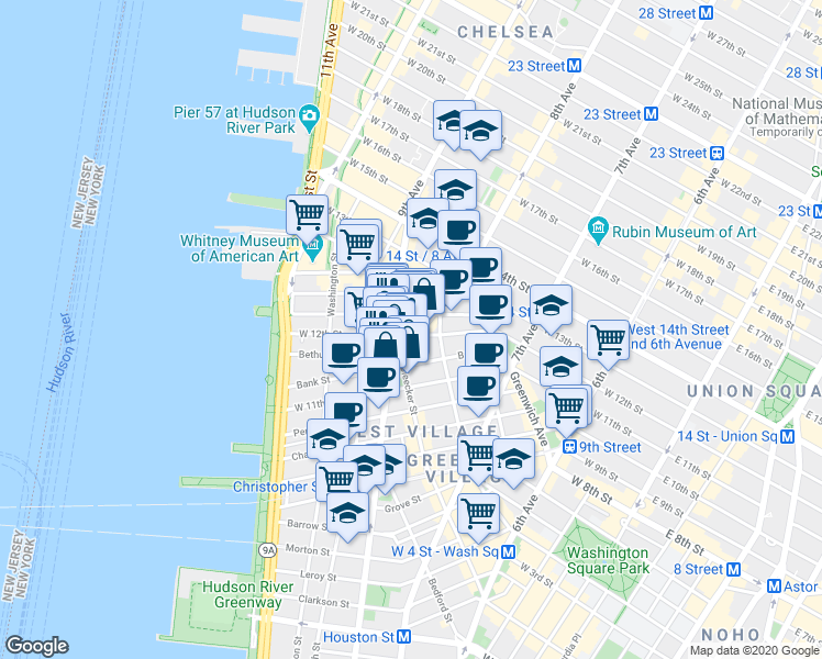 map of restaurants, bars, coffee shops, grocery stores, and more near in New York
