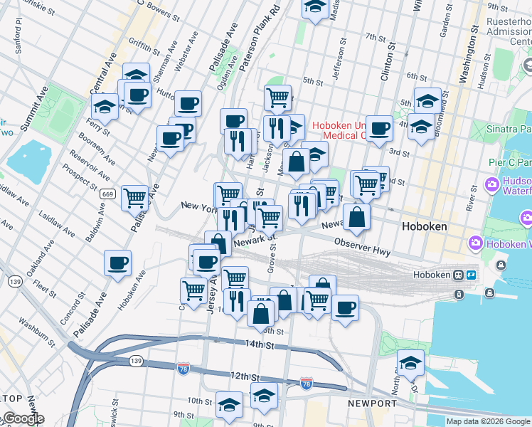 map of restaurants, bars, coffee shops, grocery stores, and more near 610 Newark Street in Hoboken