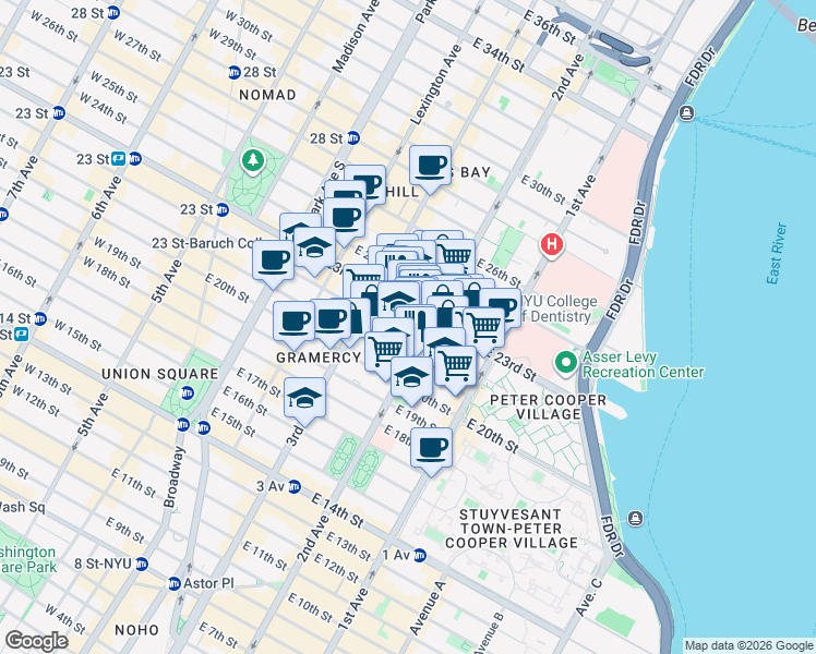 map of restaurants, bars, coffee shops, grocery stores, and more near 235 East 22nd Street in New York