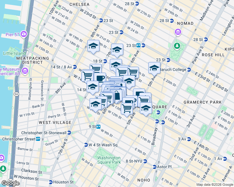 map of restaurants, bars, coffee shops, grocery stores, and more near 39 West 14th Street in New York