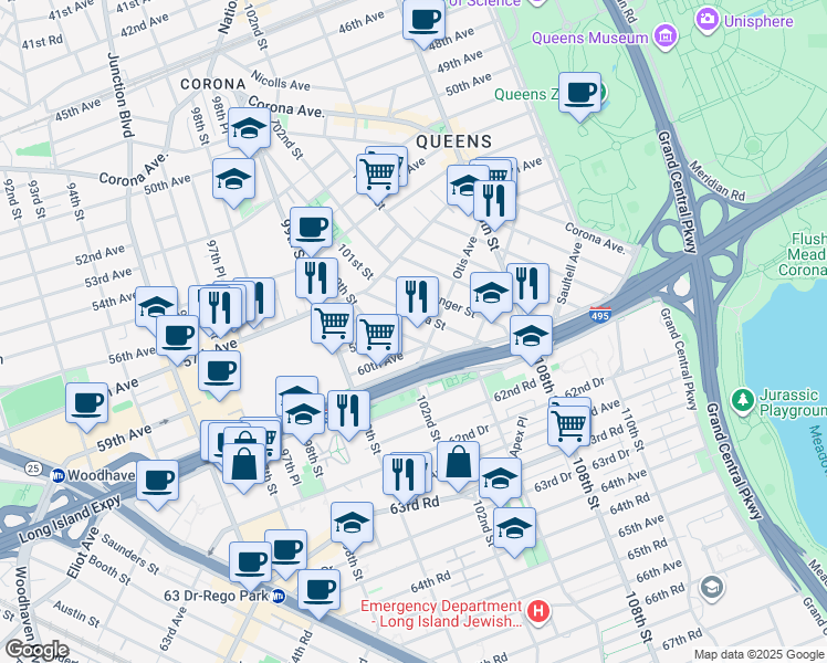 map of restaurants, bars, coffee shops, grocery stores, and more near 45 60th Avenue in Queens
