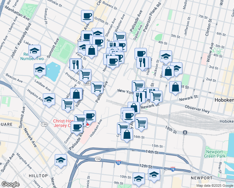 map of restaurants, bars, coffee shops, grocery stores, and more near 39 New York Avenue in Jersey City