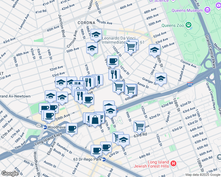 map of restaurants, bars, coffee shops, grocery stores, and more near 98-32 57th Avenue in Queens