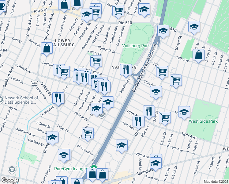 map of restaurants, bars, coffee shops, grocery stores, and more near 337 Myrtle Avenue in Irvington