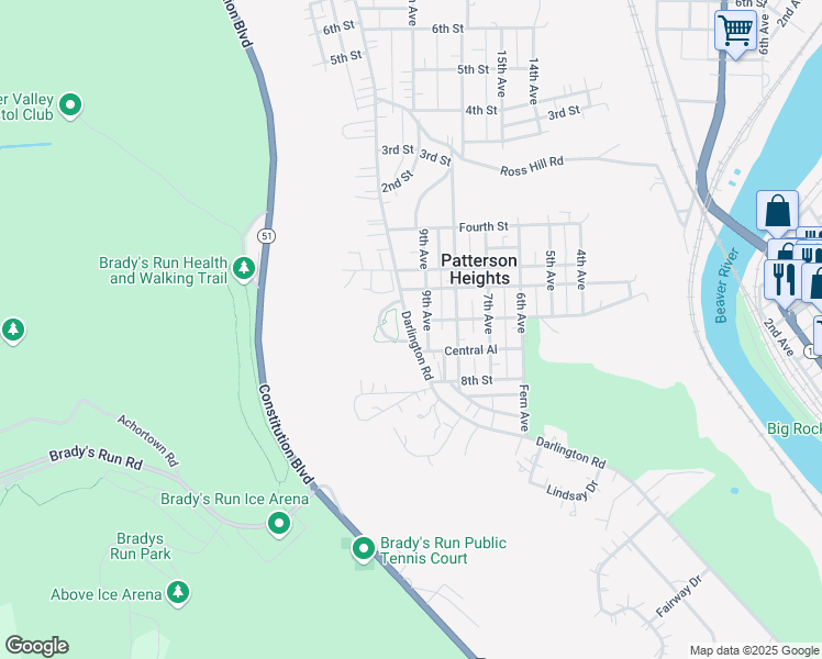 map of restaurants, bars, coffee shops, grocery stores, and more near 701 Darlington Road in Beaver Falls