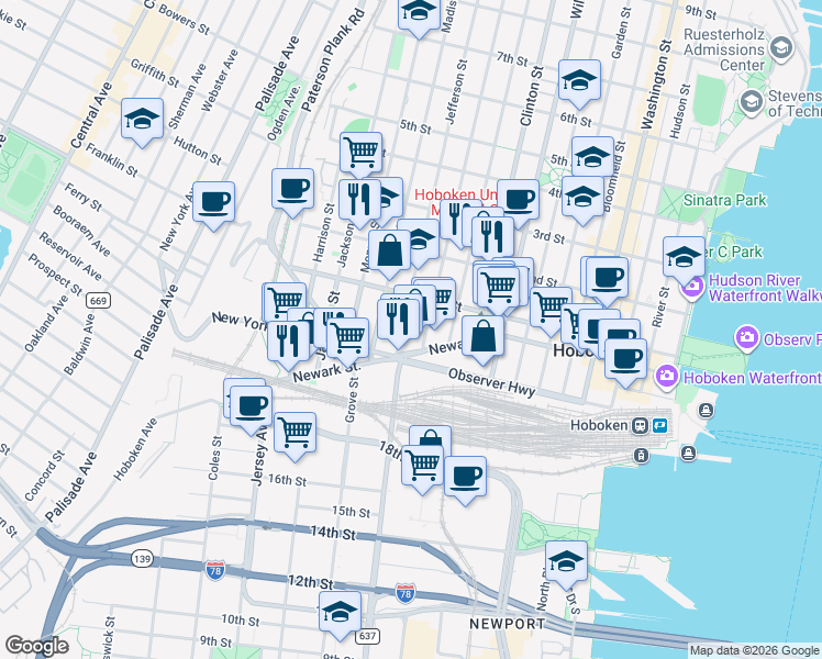 map of restaurants, bars, coffee shops, grocery stores, and more near 462 Newark Street in Hoboken