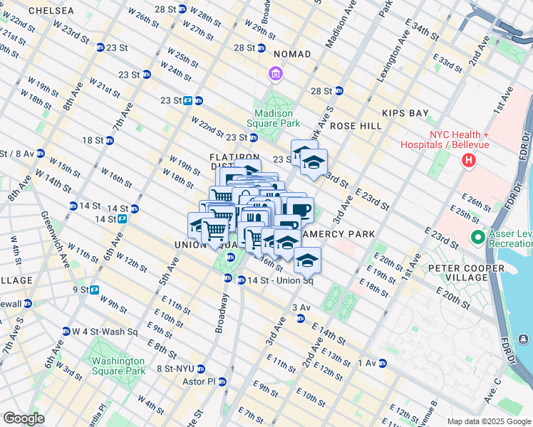 map of restaurants, bars, coffee shops, grocery stores, and more near 228 Park Avenue South in New York