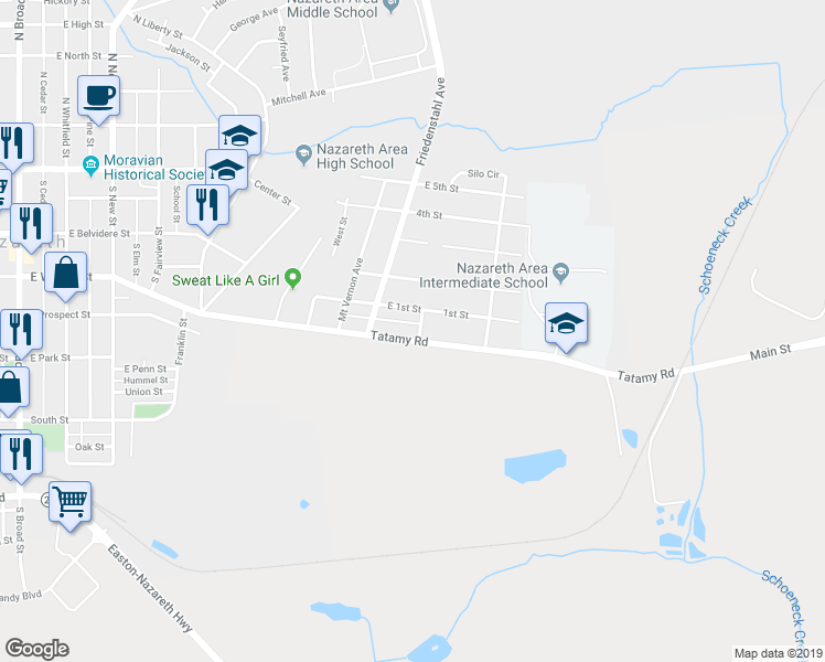 map of restaurants, bars, coffee shops, grocery stores, and more near 11 Central Avenue in Nazareth