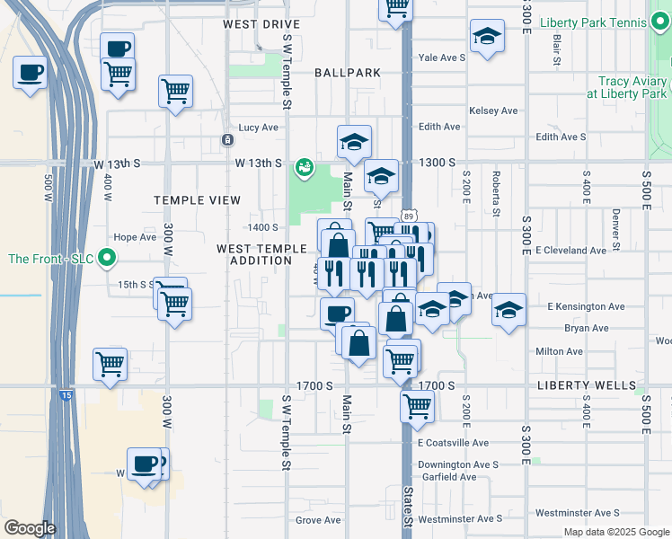 map of restaurants, bars, coffee shops, grocery stores, and more near 11 Merrimac Avenue in Salt Lake City
