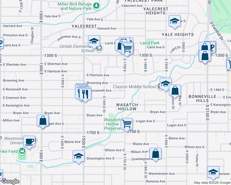 map of restaurants, bars, coffee shops, grocery stores, and more near 1648 East Roosevelt Avenue in Salt Lake City