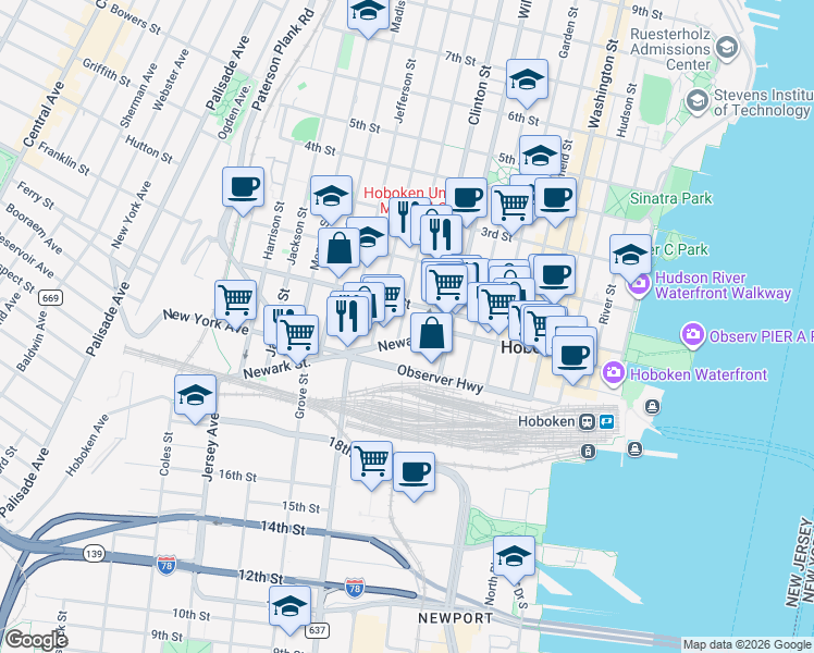 map of restaurants, bars, coffee shops, grocery stores, and more near 415 Newark Street in Hoboken