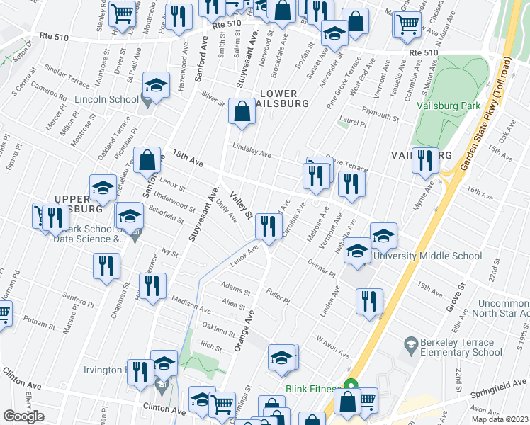 map of restaurants, bars, coffee shops, grocery stores, and more near 16 Valley Street in Newark