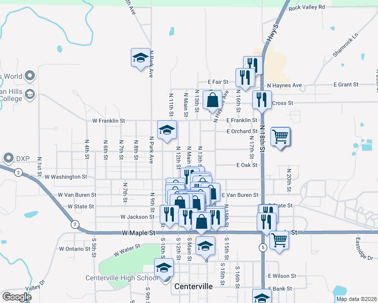 map of restaurants, bars, coffee shops, grocery stores, and more near 601 North Main Street in Centerville
