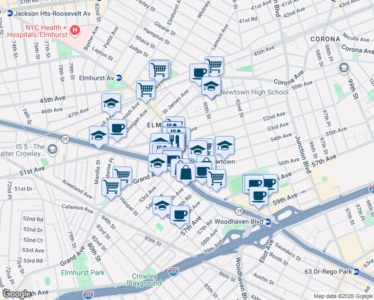map of restaurants, bars, coffee shops, grocery stores, and more near 8629 Broadway in Queens