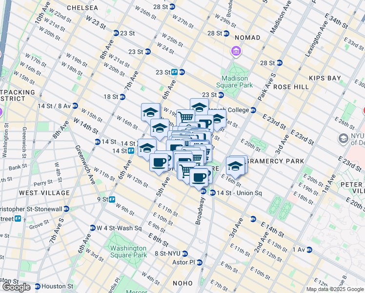 map of restaurants, bars, coffee shops, grocery stores, and more near 114 5th Avenue in New York