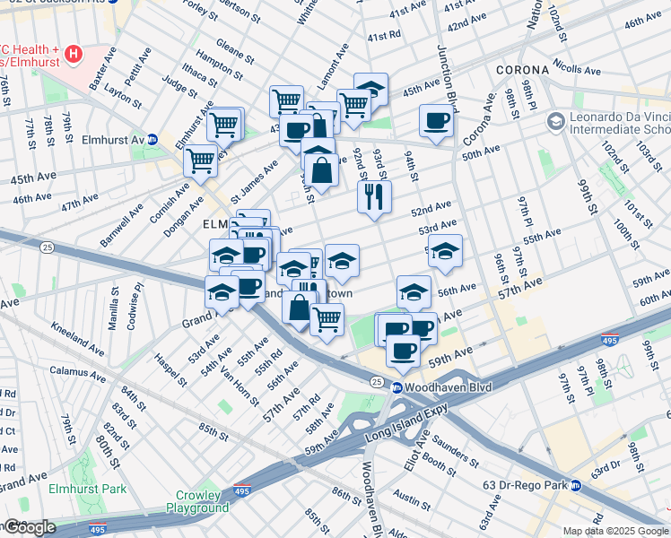 map of restaurants, bars, coffee shops, grocery stores, and more near 52-09 90th Street in Queens
