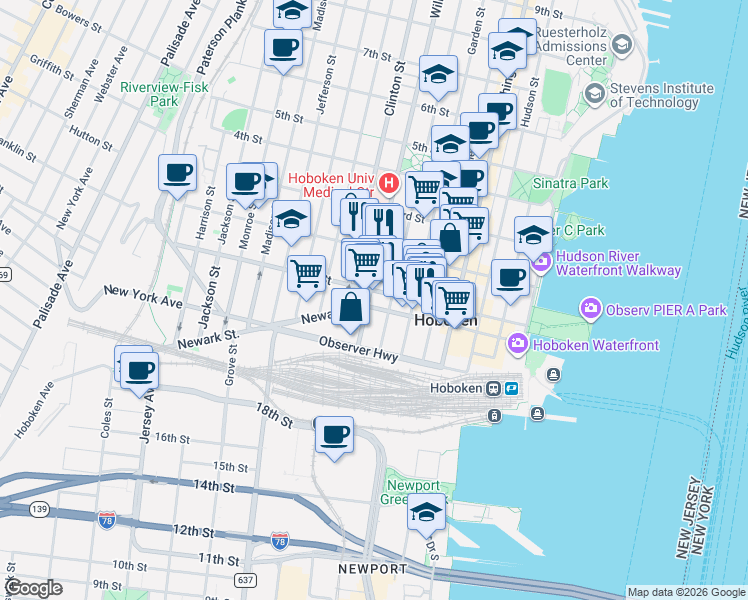 map of restaurants, bars, coffee shops, grocery stores, and more near 109 Willow Avenue in Hoboken