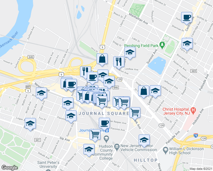 map of restaurants, bars, coffee shops, grocery stores, and more near 3055 John F Kennedy Blvd W in Jersey City