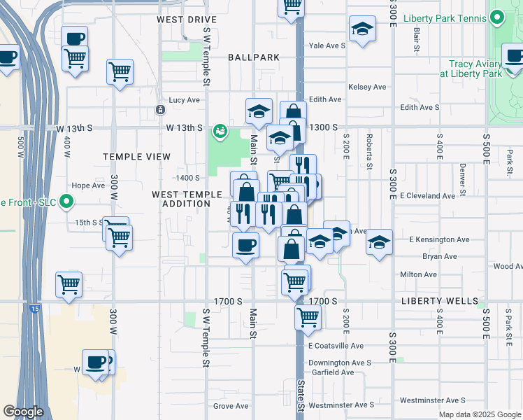 map of restaurants, bars, coffee shops, grocery stores, and more near 1433 South Main Street in Salt Lake City