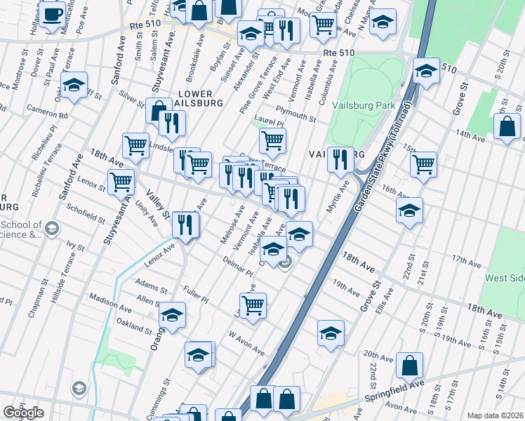 map of restaurants, bars, coffee shops, grocery stores, and more near 192 Vermont Avenue in Irvington