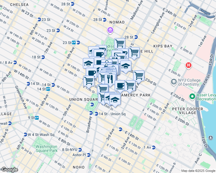 map of restaurants, bars, coffee shops, grocery stores, and more near Park Ave S & E 19th St in New York