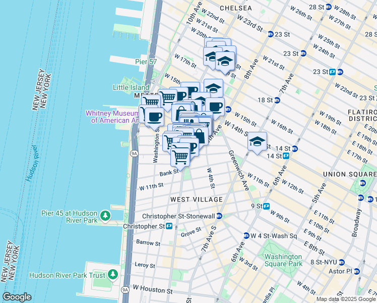 map of restaurants, bars, coffee shops, grocery stores, and more near 616 Hudson Street in New York