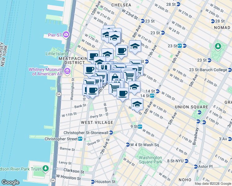 map of restaurants, bars, coffee shops, grocery stores, and more near 121 Greenwich Avenue in New York