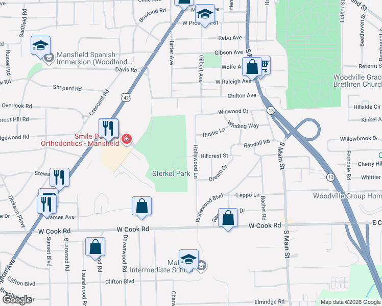 map of restaurants, bars, coffee shops, grocery stores, and more near 740 Hollywood Lane in Mansfield