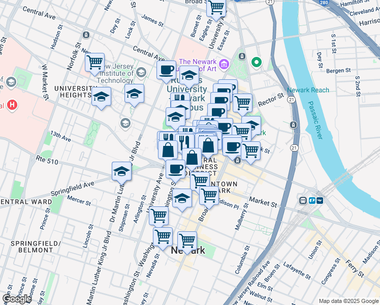 map of restaurants, bars, coffee shops, grocery stores, and more near 217 Washington Street in Newark