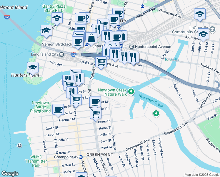 map of restaurants, bars, coffee shops, grocery stores, and more near 59 Paidge Avenue in Brooklyn