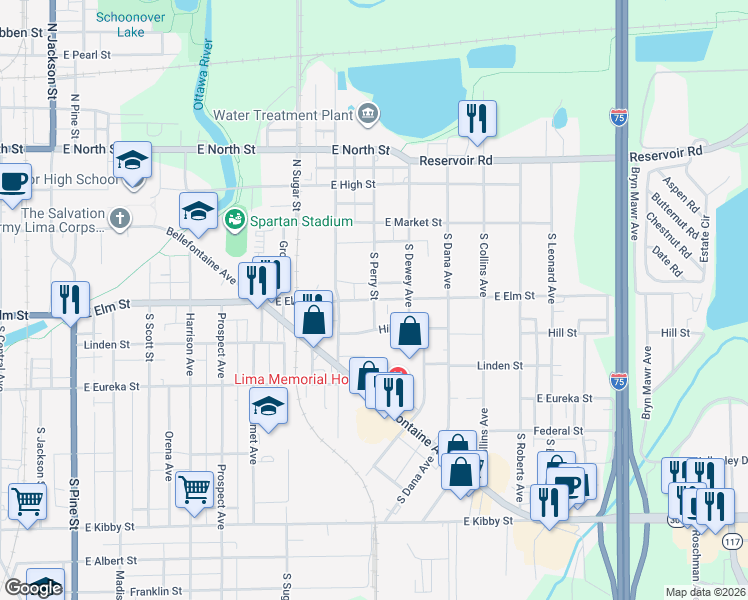 map of restaurants, bars, coffee shops, grocery stores, and more near 1220 East Elm Street in Lima